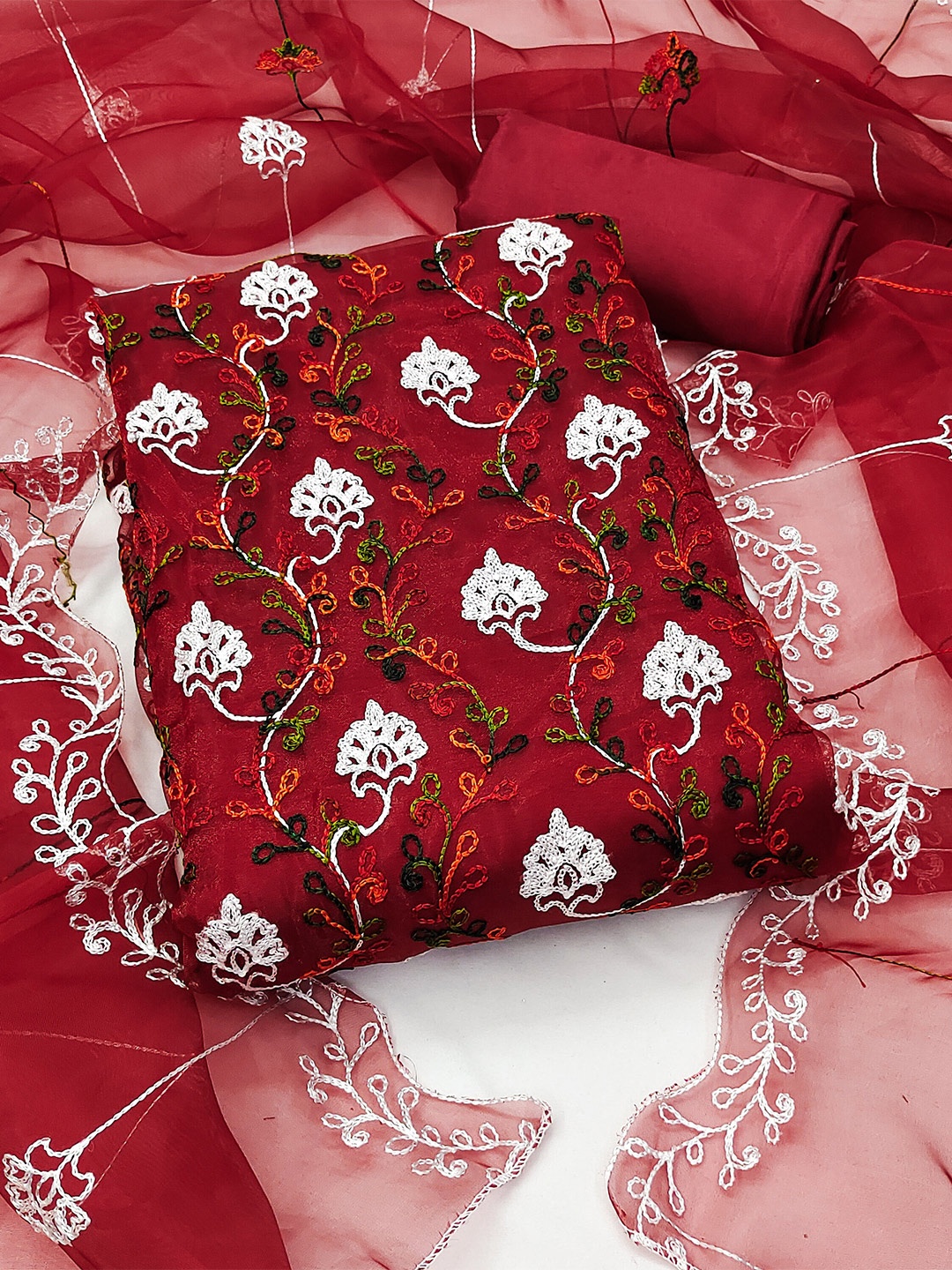 

MANVAA Floral Thread Work Organza Unstitched Dress Material, Maroon
