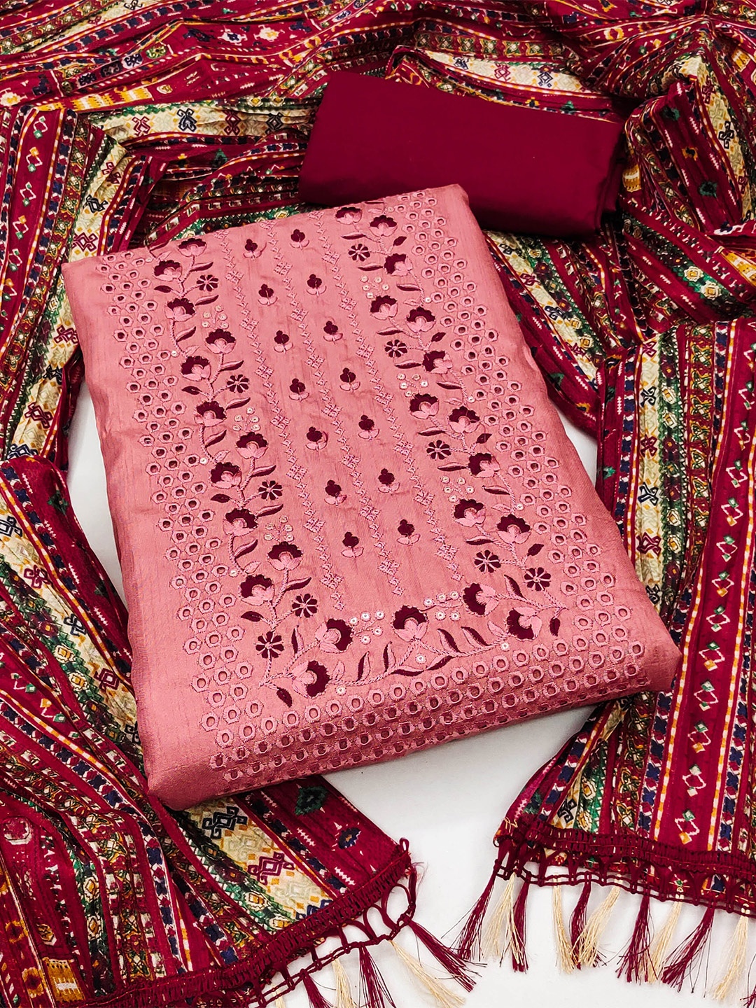 

MANVAA Floral Embroidered Unstitched Dress Material, Rust