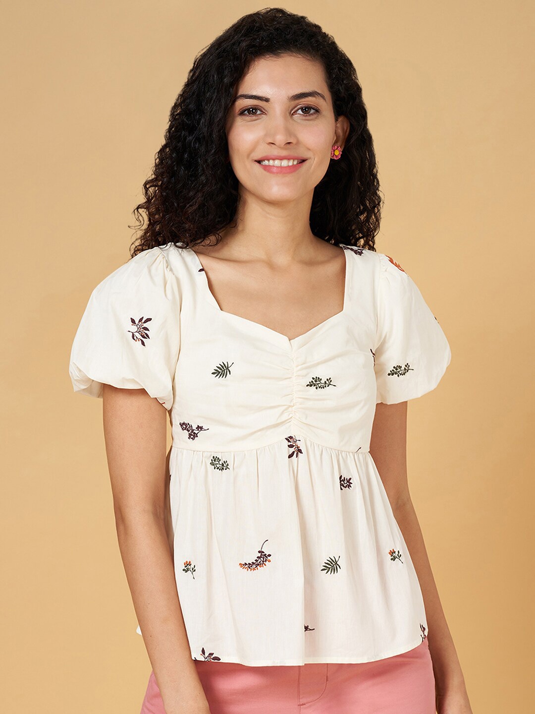 

Honey by Pantaloons Floral Embroidered Cotton Empire Top, Off white