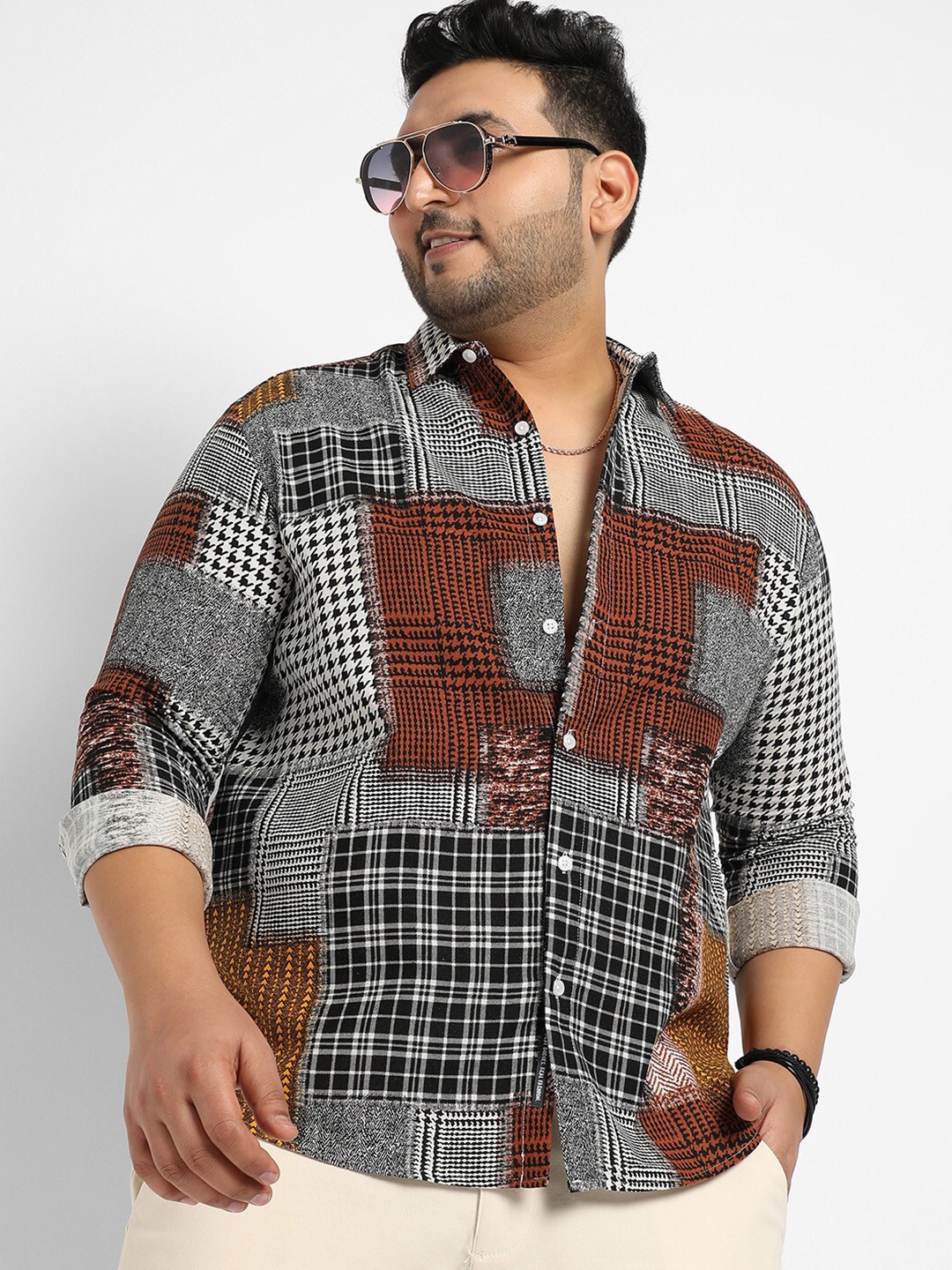 

Instafab Plus Classic Checked Spread Collar Casual Shirt, Brown