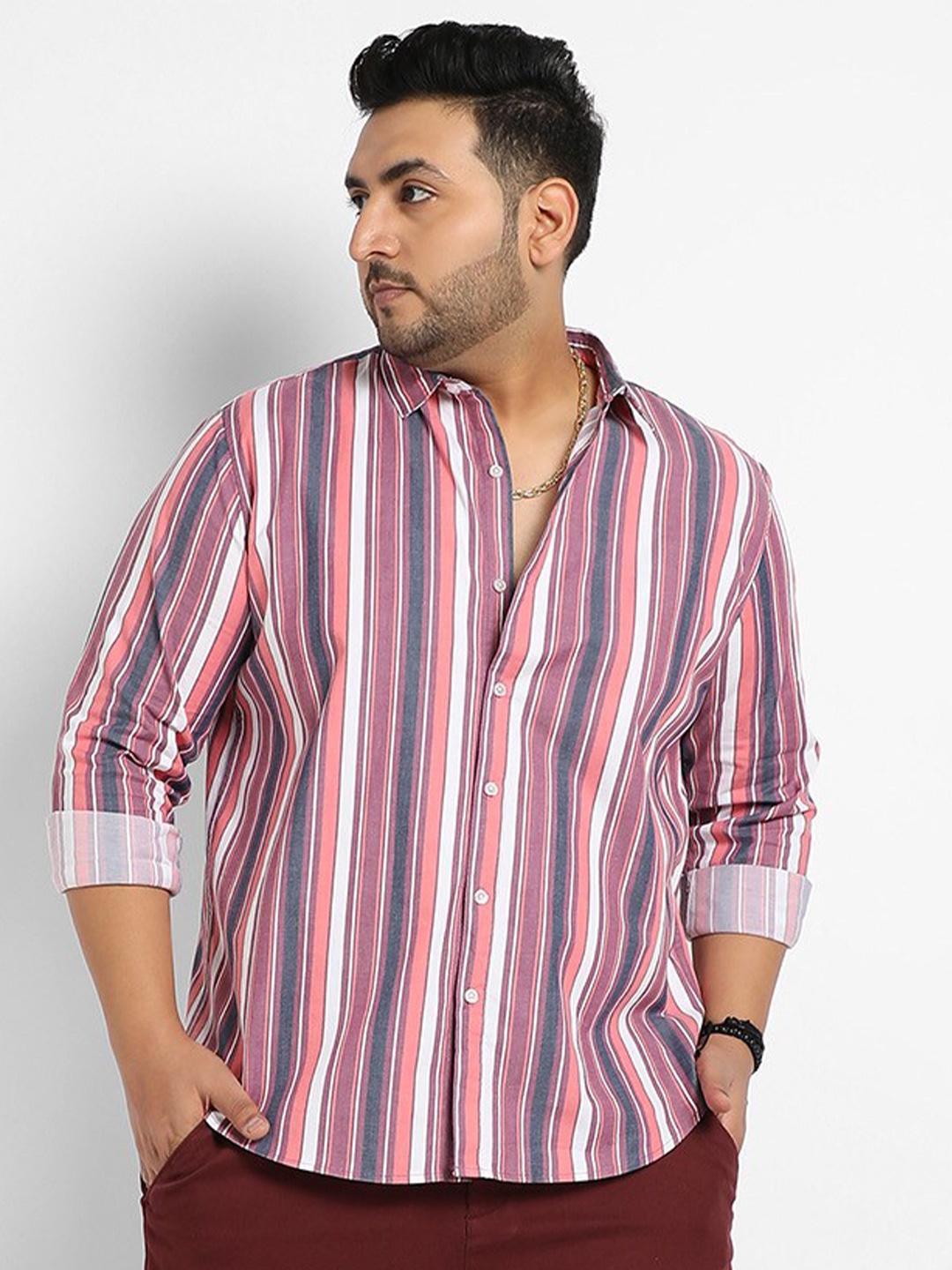 

Instafab Plus Plus Size Classic Opaque Striped Casual Shirt, Pink