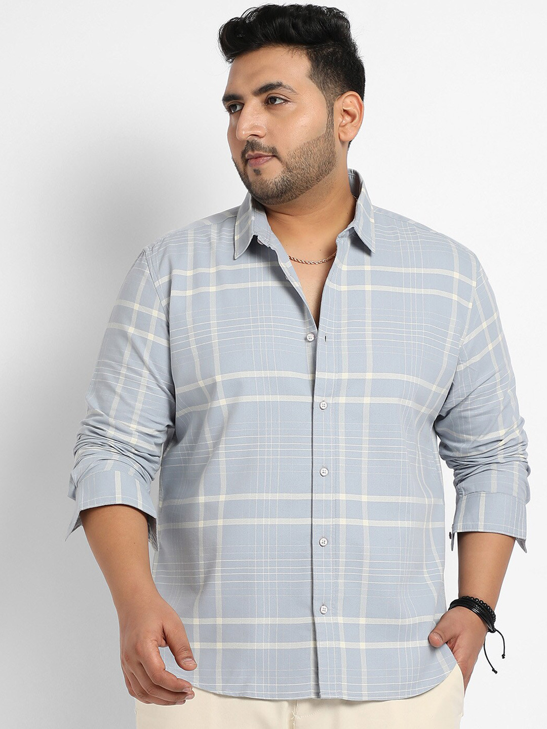 

Instafab Plus Classic Windowpane Checked Cotton Casual Shirt, Grey