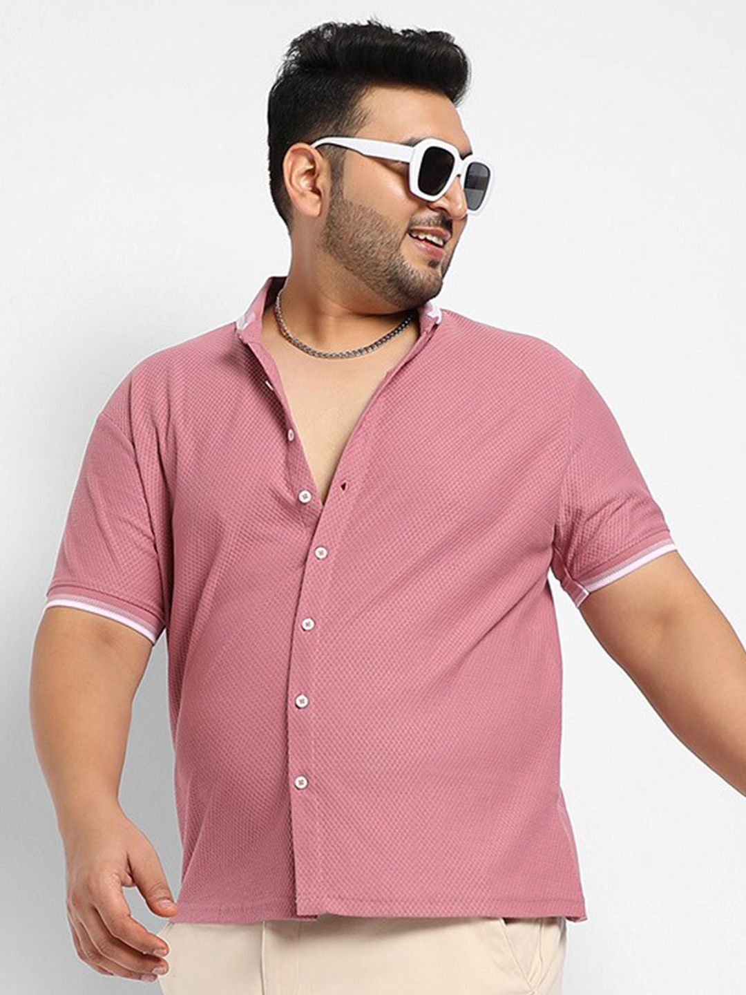 

Instafab Plus Classic Honeycomb Knit Band Collar Cotton Casual Shirt, Pink