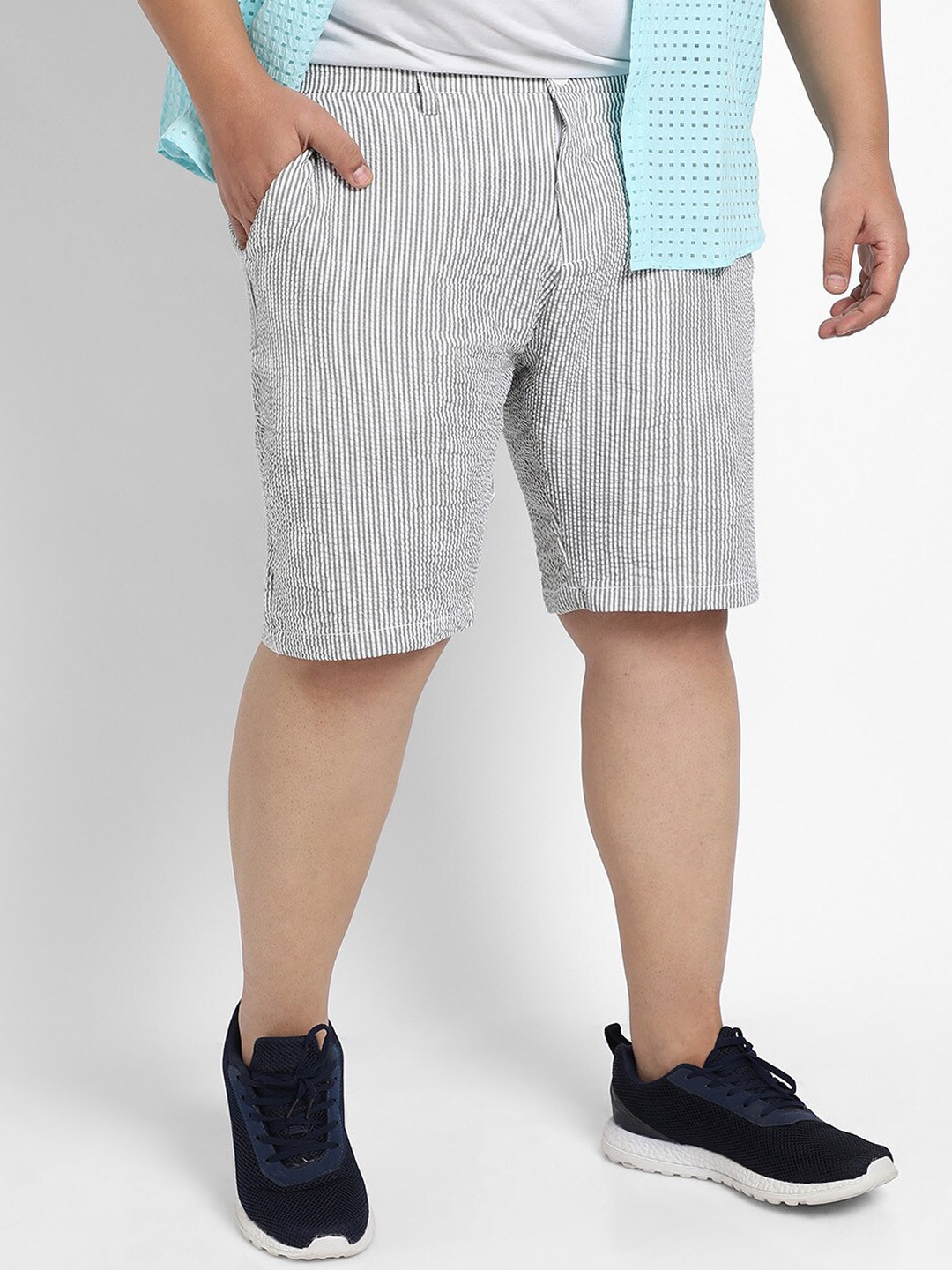

Instafab Plus Men Self Design Mid Rise Cotton Seersucker Shorts, Grey