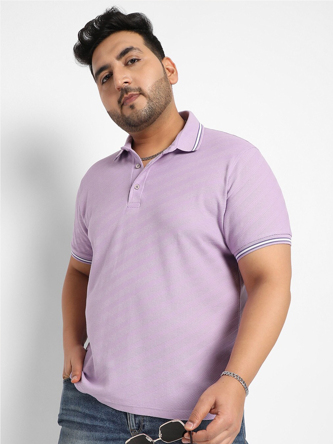 

Instafab Plus Self Designed Polo Collar Cotton T-shirt, Lavender