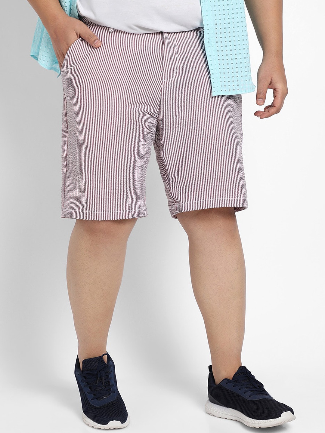 

Instafab Plus Men Striped Mid Rise Cotton Seersucker Shorts, Brown