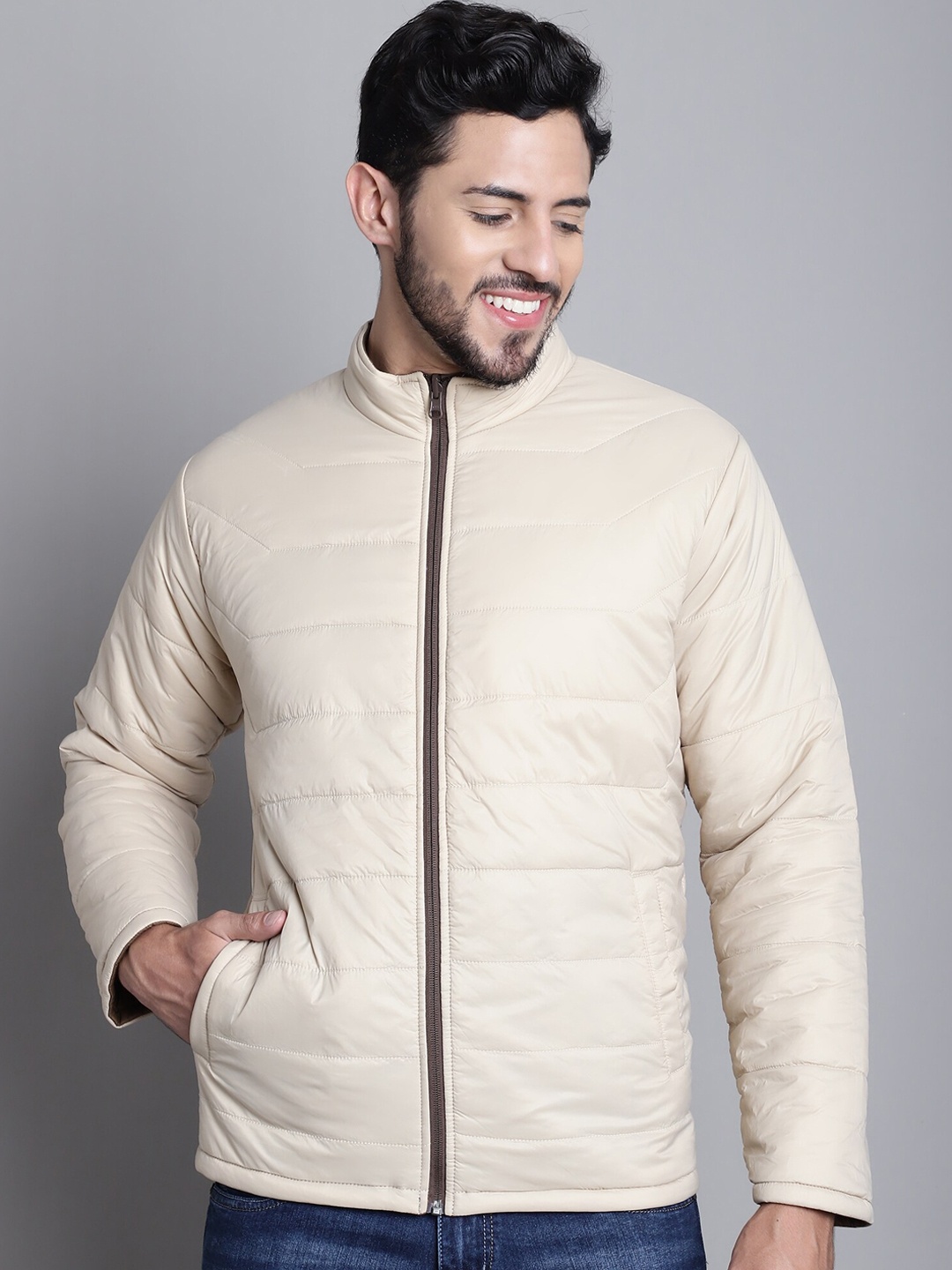 

Cantabil Mock Collar Reversible Puffer Jacket, Beige