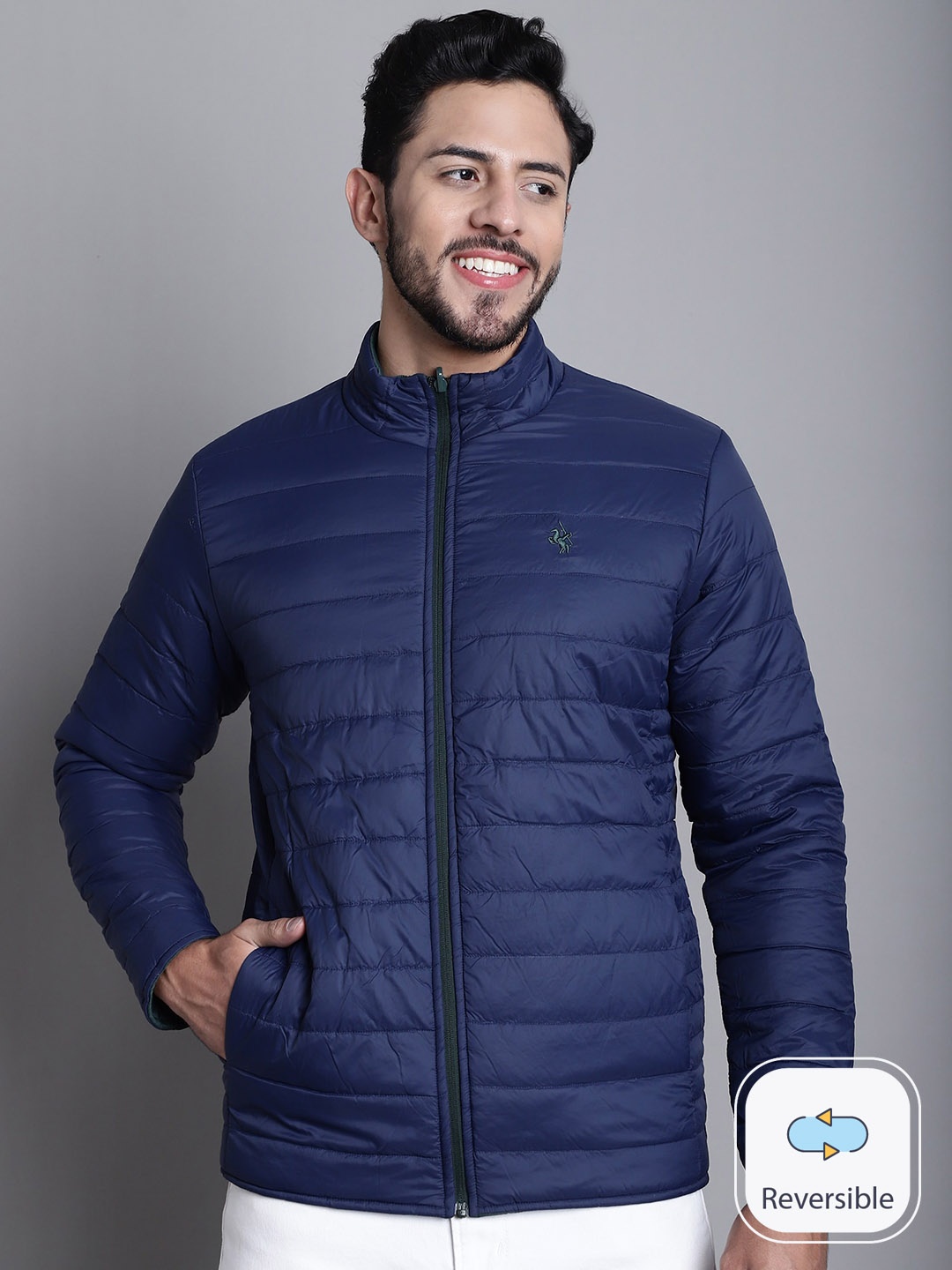 

Cantabil Stand Collar Reversible Padded Jacket, Green