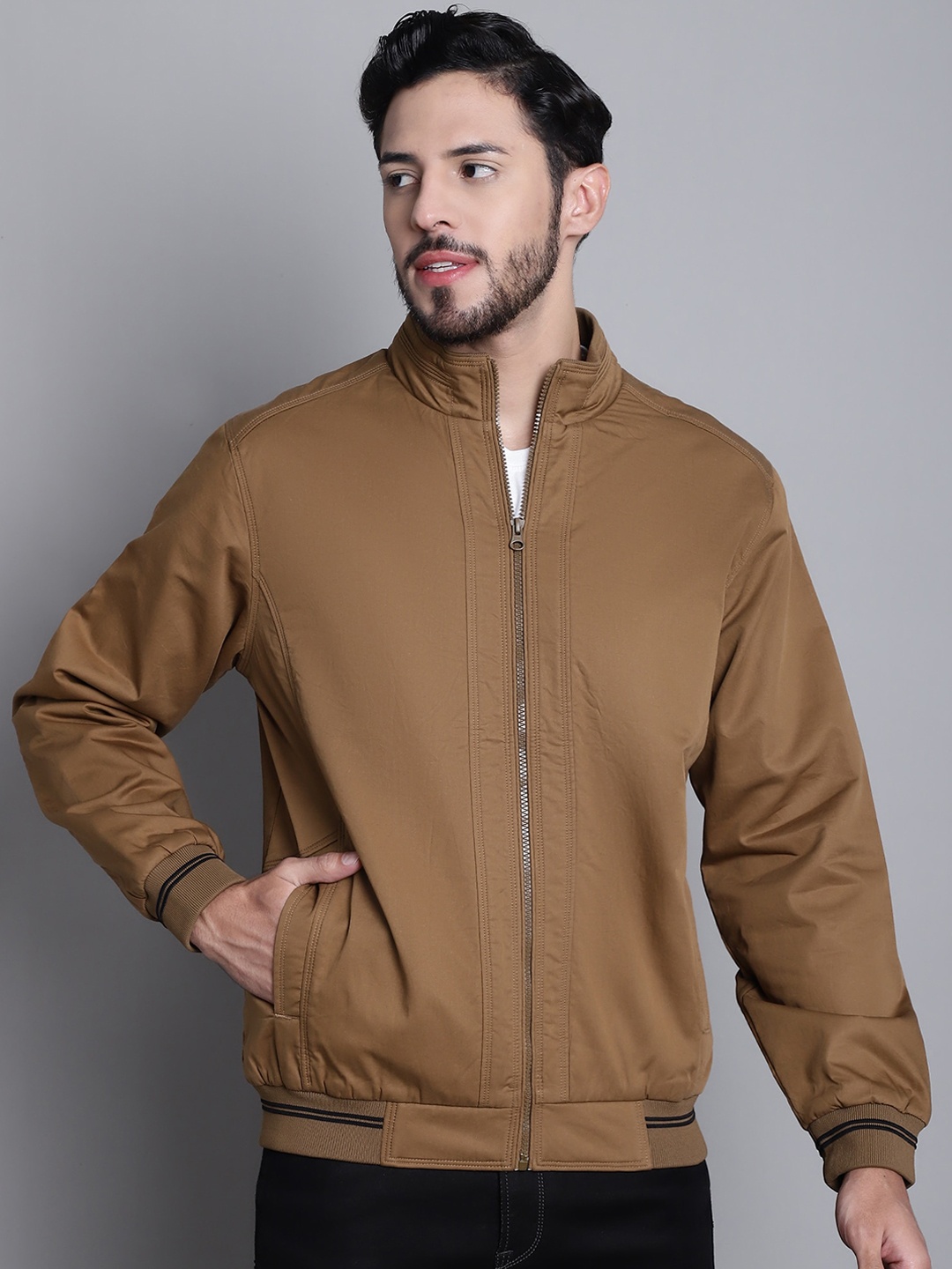 

Cantabil Mock Collar Lightweight Cotton Bomber Jacket, Brown