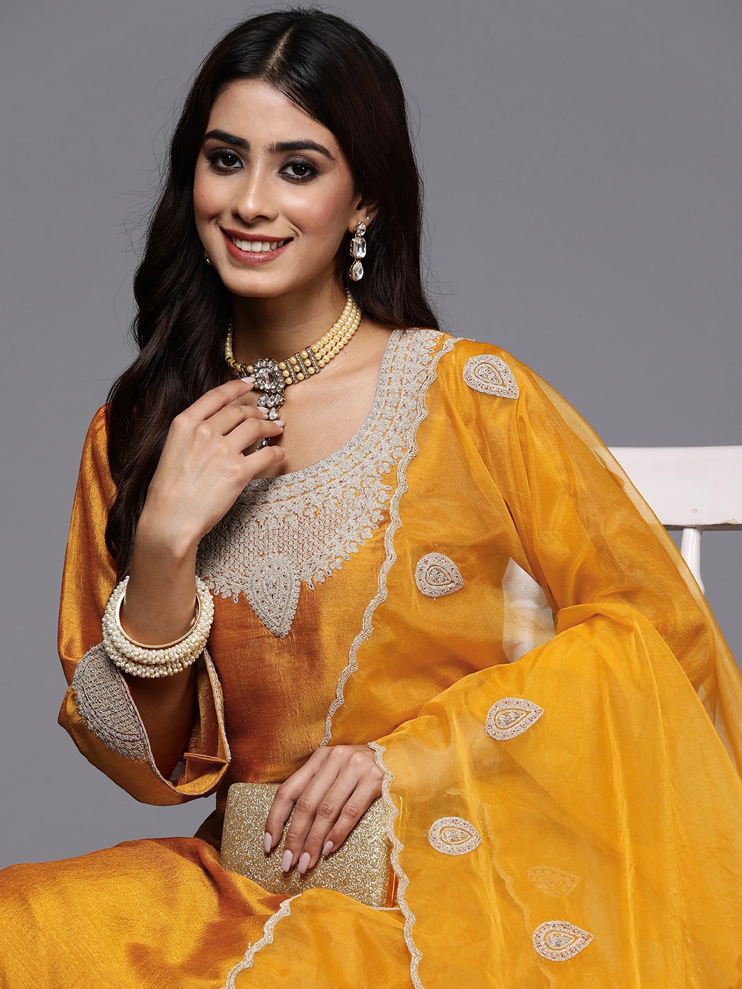 

Indo Era Women Embroidered Regular Kurta with Trousers & Dupatta, Mustard