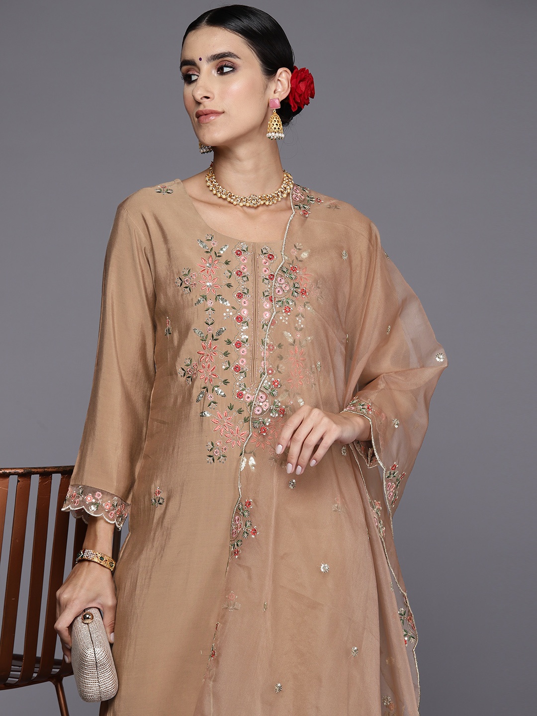 

Indo Era Women Floral Embroidered Regular Thread Work Kurta with Trousers & With Dupatta, Brown