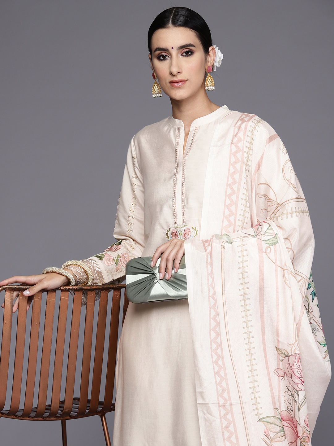 

Indo Era Women Floral Embroidered Regular Thread Work Kurta with Trousers & With Dupatta, White