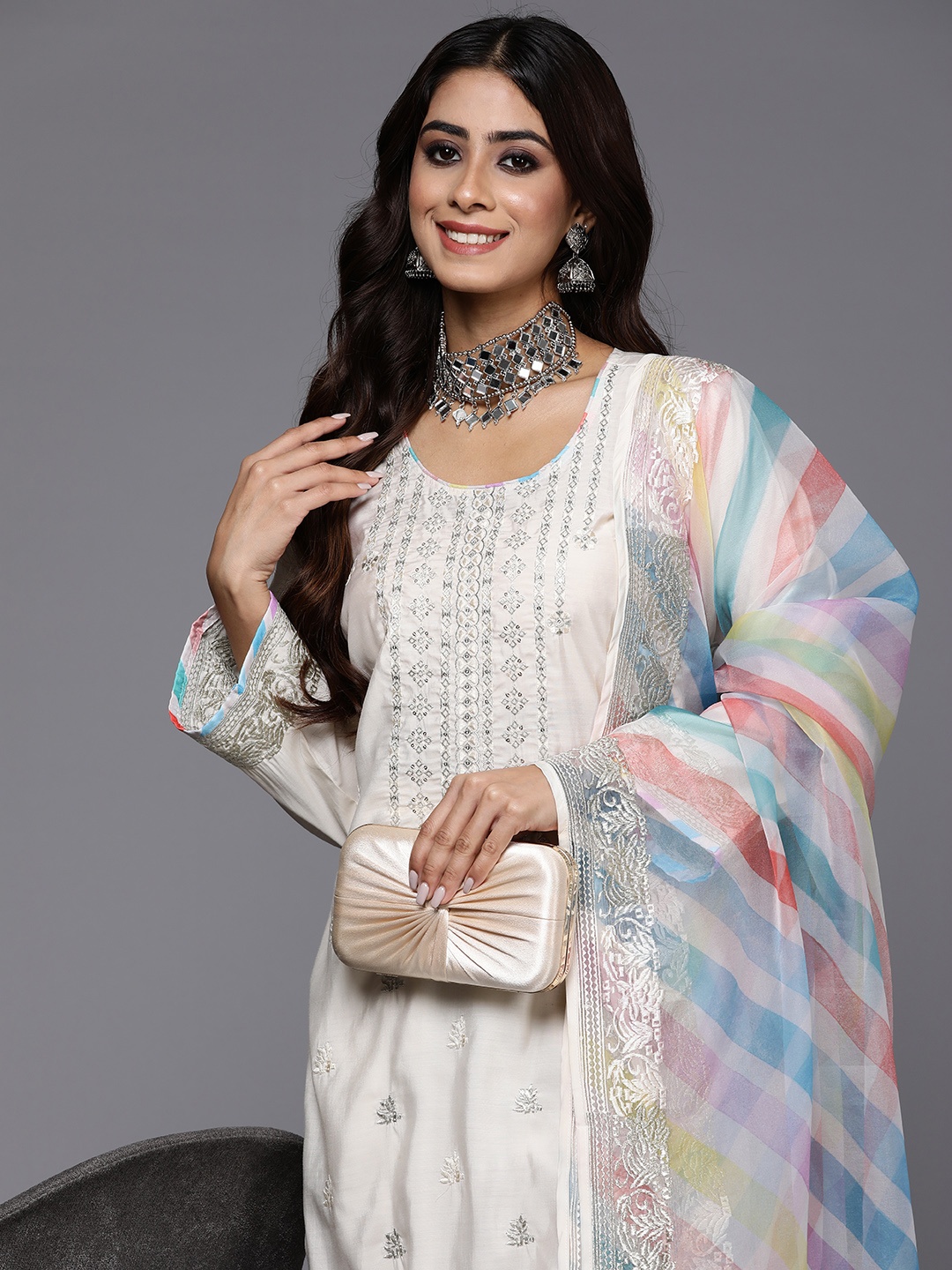 

Indo Era Women Ethnic Motifs Embroidered Pure Cotton Kurta with Trousers & With Dupatta, Cream