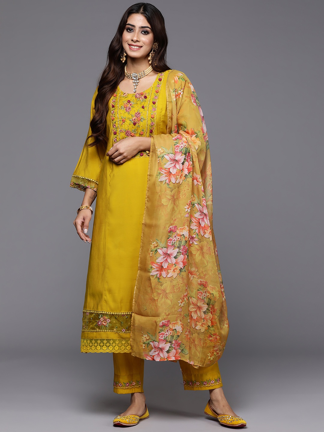 

Indo Era Women Floral Embroidered Panelled Thread Work Kurta with Trousers & With Dupatta, Yellow