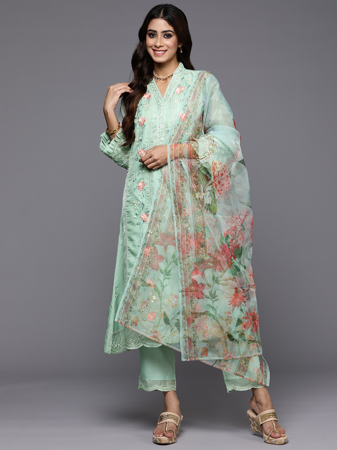 

Indo Era Women Floral Embroidered Regular Thread Work Kurta with Trousers & With Dupatta, Sea green