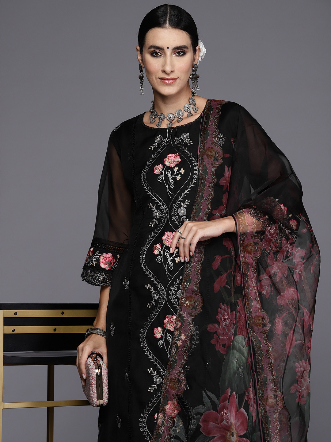 

Indo Era Women Floral Embroidered Regular Thread Work Kurta with Trousers & Dupatta, Black