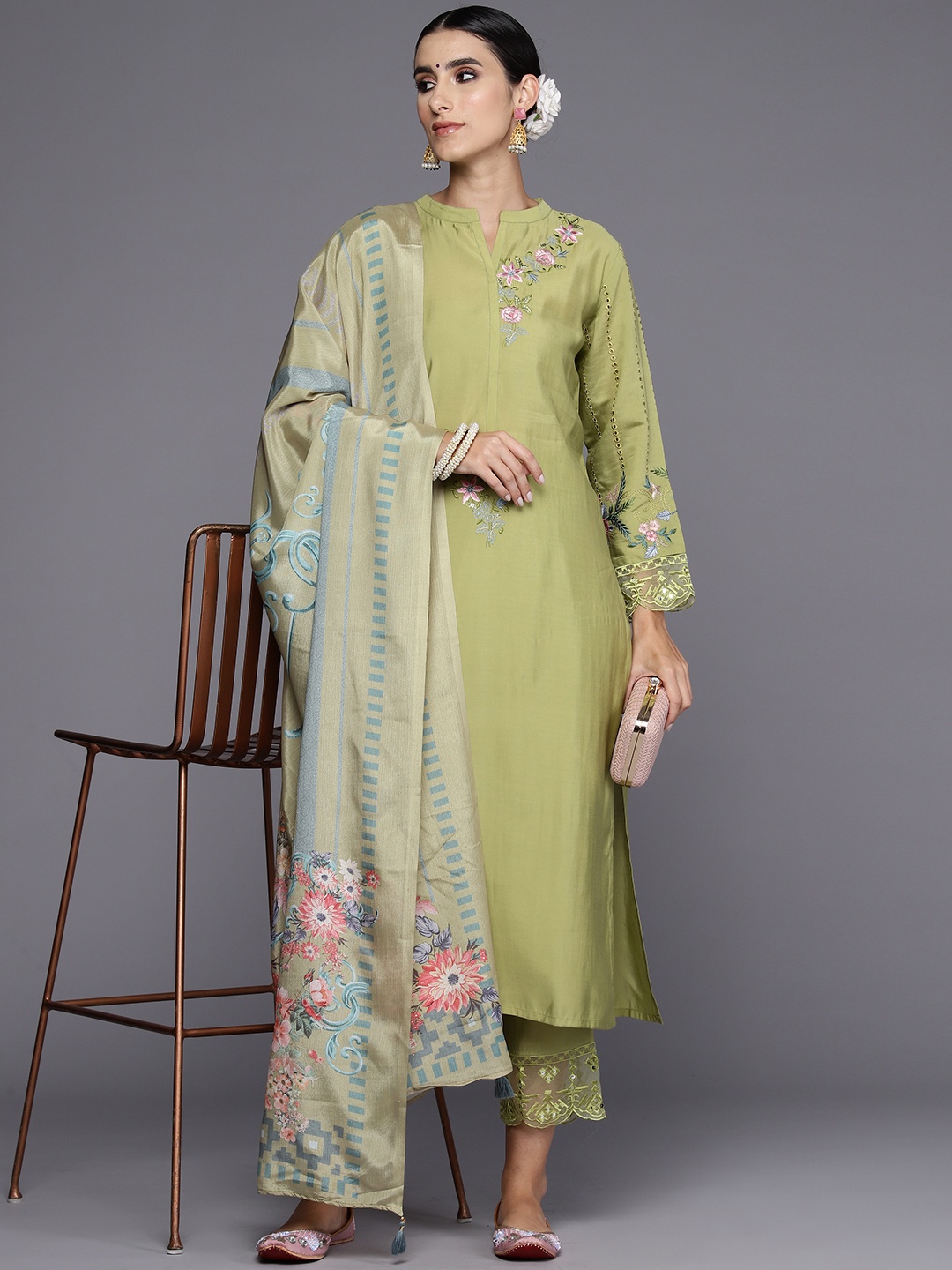 

Indo Era Women Floral Embroidered Regular Thread Work Kurta with Trousers & Dupatta, Green