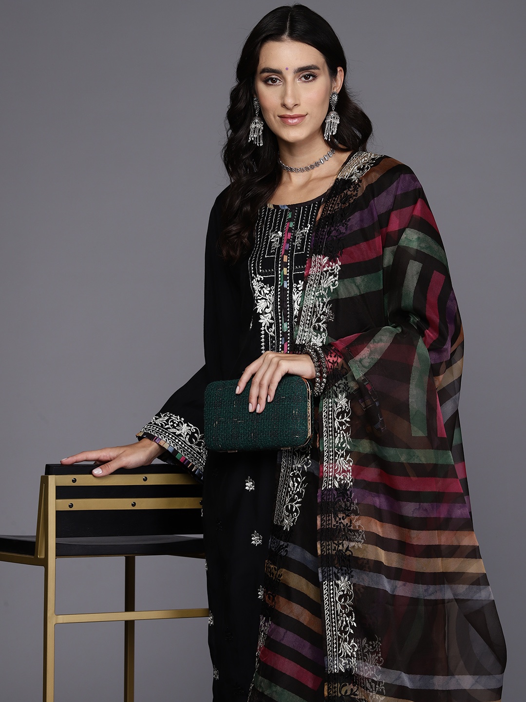 

Indo Era Women Floral Embroidered Regular Pure Cotton Kurta with Trousers & With Dupatta, Black