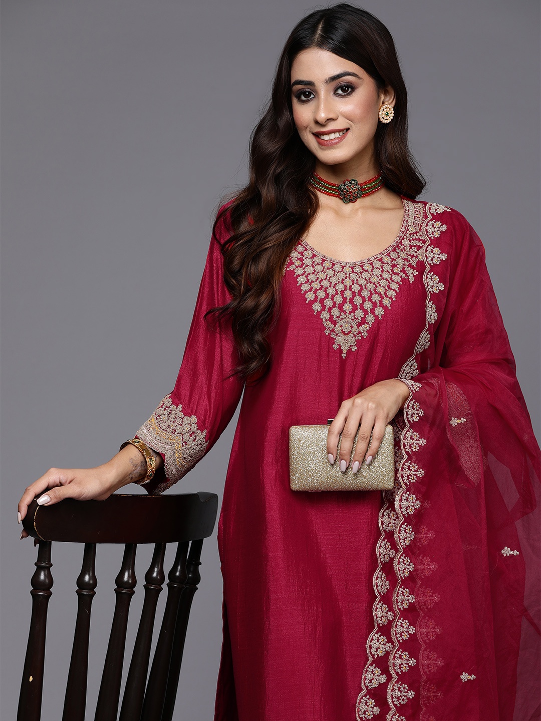 

Indo Era Women Embroidered Regular Kurta with Trousers & Dupatta, Red