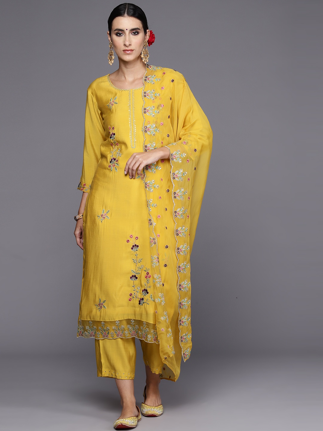 

Indo Era Women Floral Embroidered Regular Thread Work Kurta with Trousers & Dupatta, Yellow