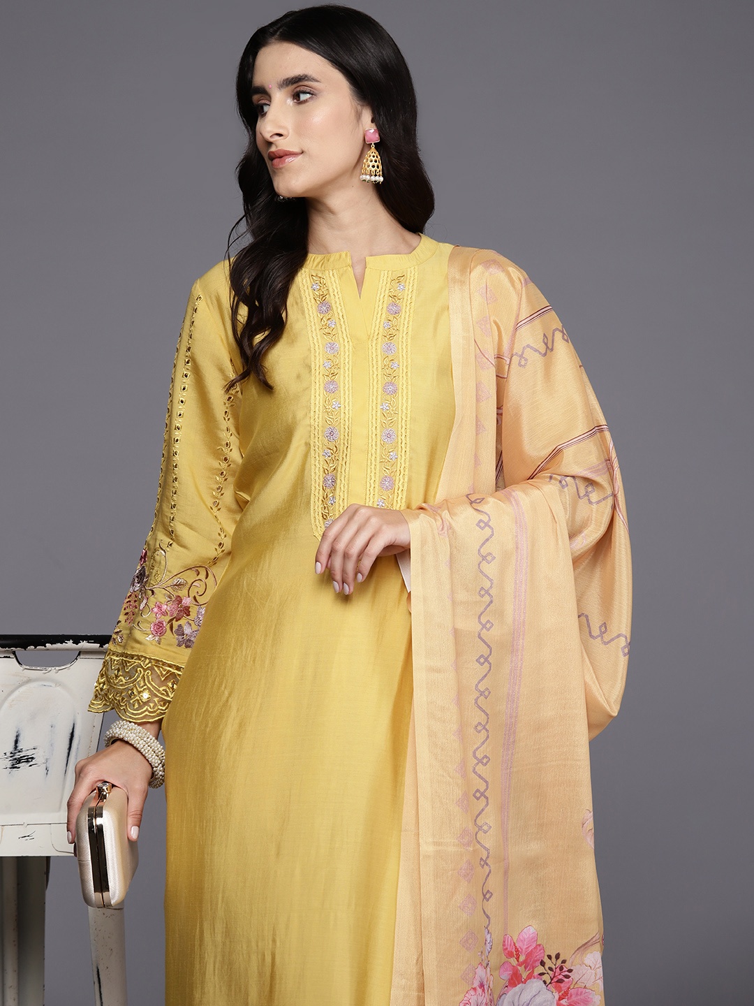 

Indo Era Women Floral Embroidered Regular Thread Work Kurta with Trousers & Dupatta, Mustard