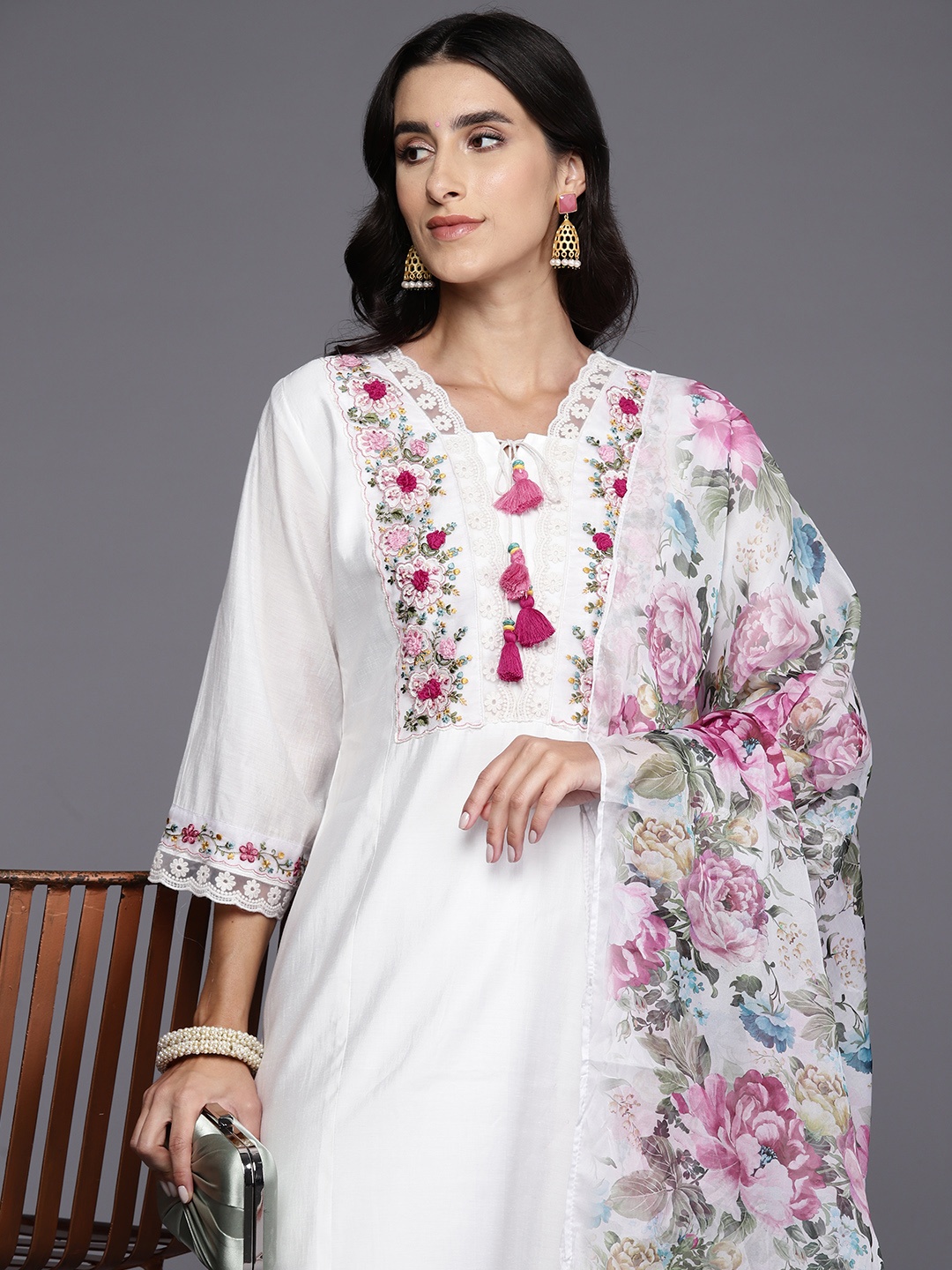

Indo Era Women Floral Embroidered Thread Work Kurta with Trousers & With Dupatta, White