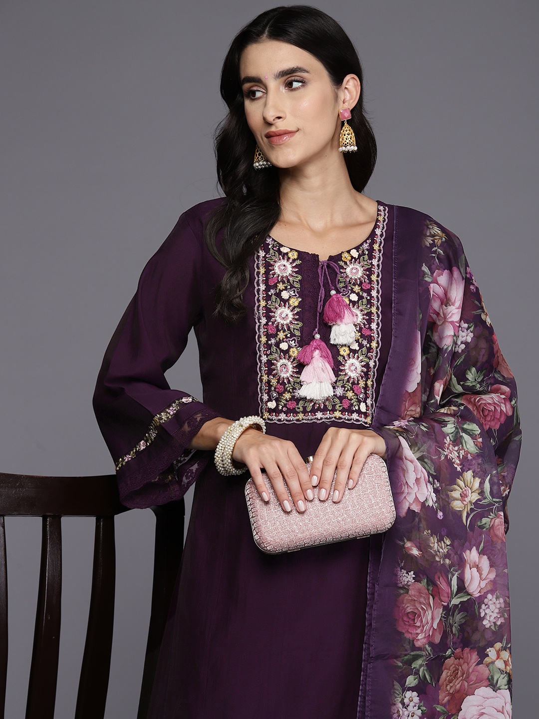 

Indo Era Women Floral Yoke Design Thread Work Kurta with Trousers & With Dupatta, Burgundy