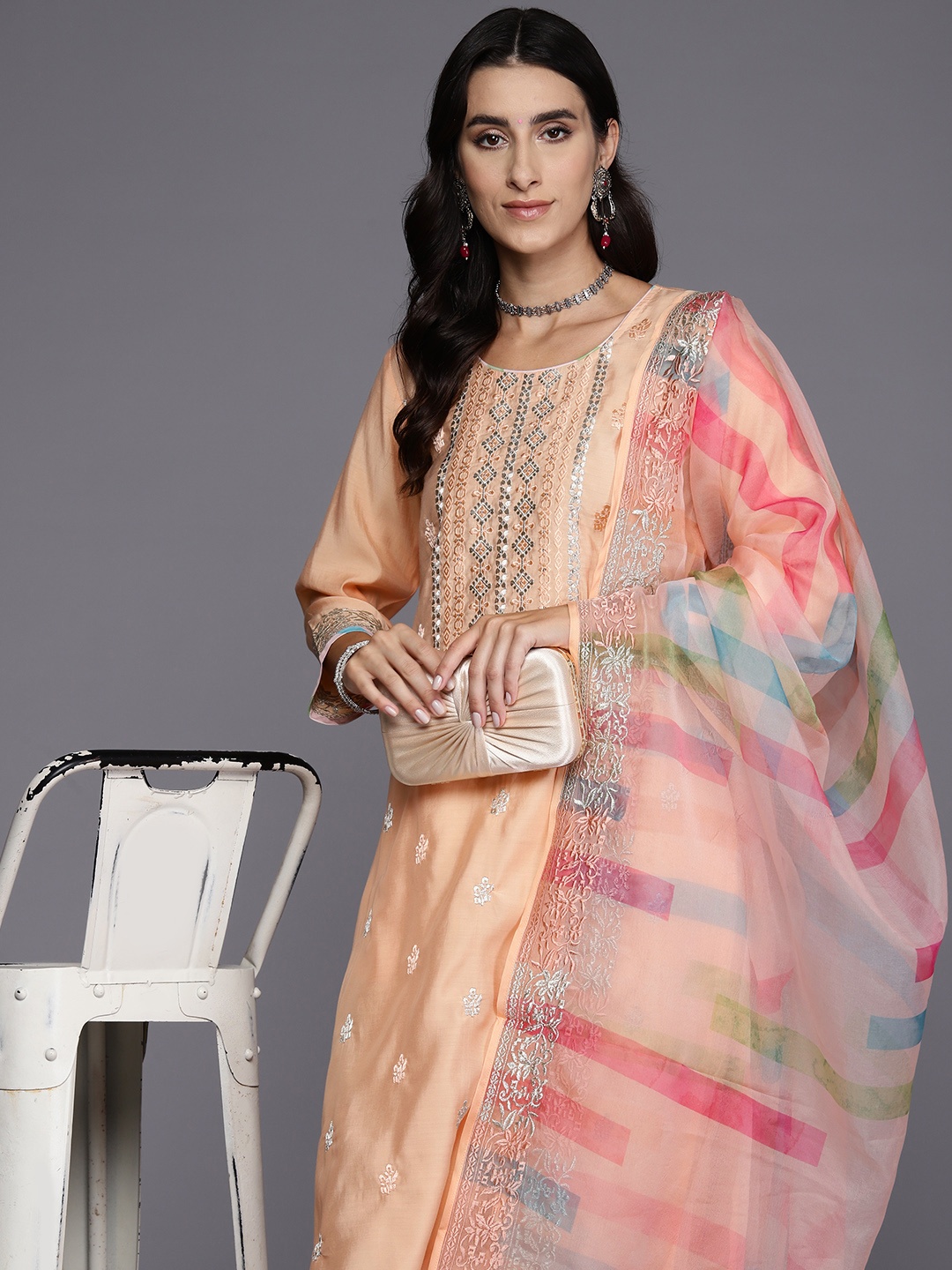 

Indo Era Women Ethnic Motifs Embroidered Sequinned Cotton Kurta with Trousers & Dupatta, Peach