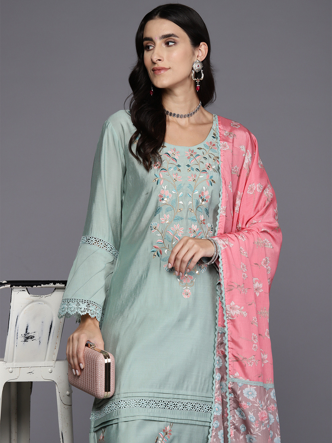 

Indo Era Women Floral Embroidered Regular Thread Work Kurta with Trousers & With Dupatta, Green