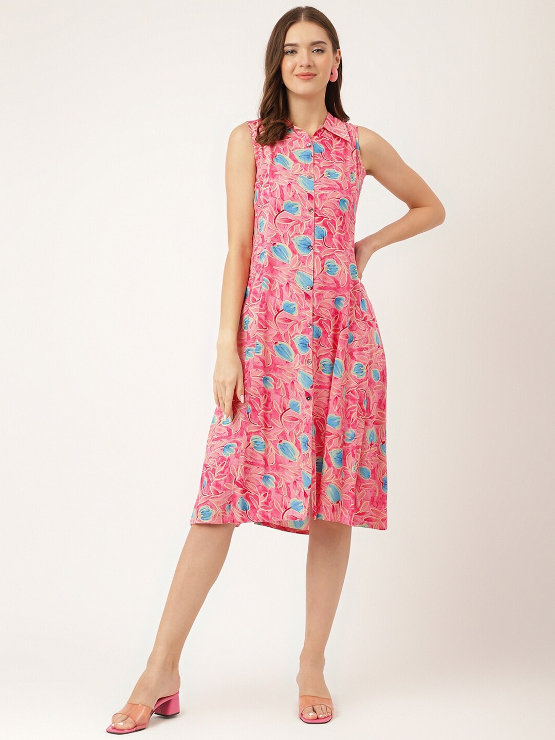 

Divena Floral Printed Spread Collar Sleeveless Tie-Ups Detail A-Line Dress, Pink