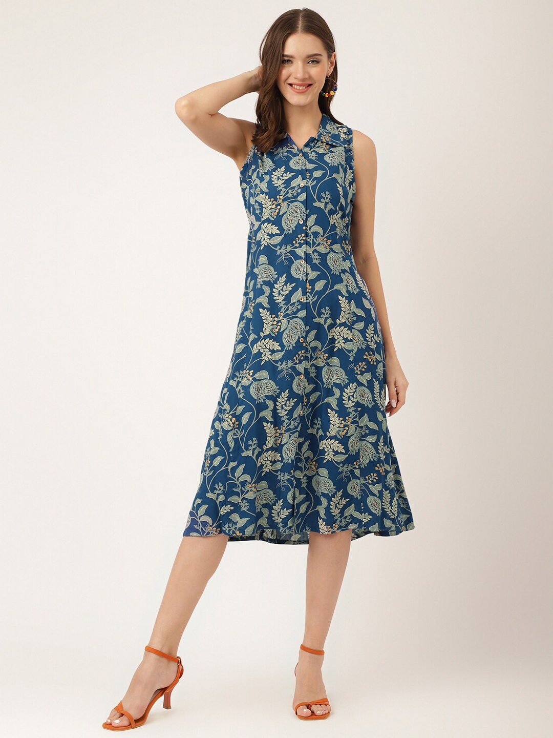 

Divena Floral Printed Spread Collar Sleeveless Tie-Ups Detail A-Line Midi Dress, Blue