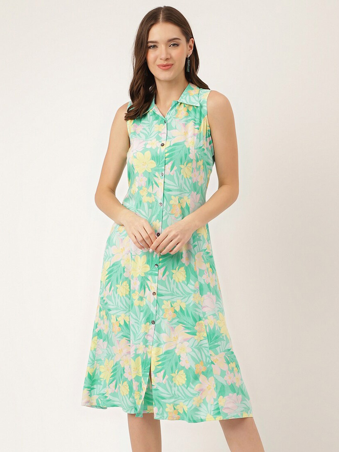 

Divena Floral Printed Spread Collar Sleeveless Tie-Ups Detail A-Line Midi Dress, Green