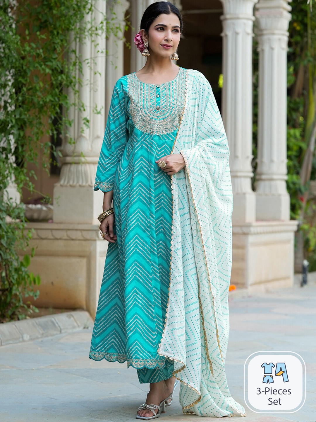 

Yufta Chevron Printed Sequinned Anarkali Kurta with Trousers & With Dupatta, Turquoise blue