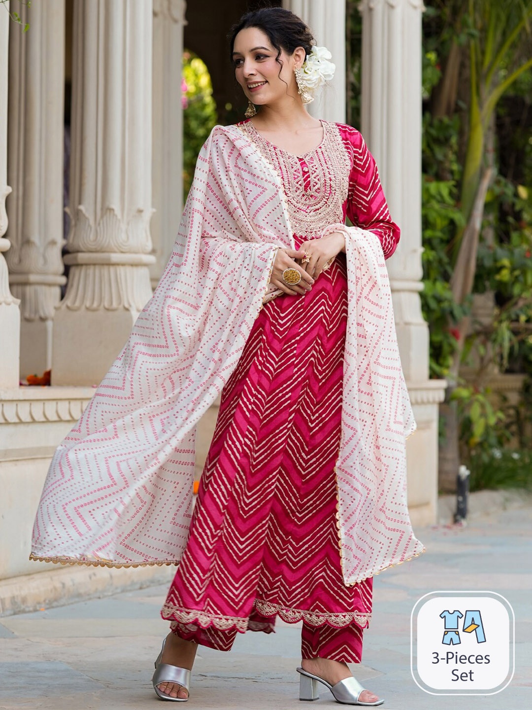 

Yufta Chevron Printed Anarkali Sequinned Kurta with Trousers & With Dupatta, Pink
