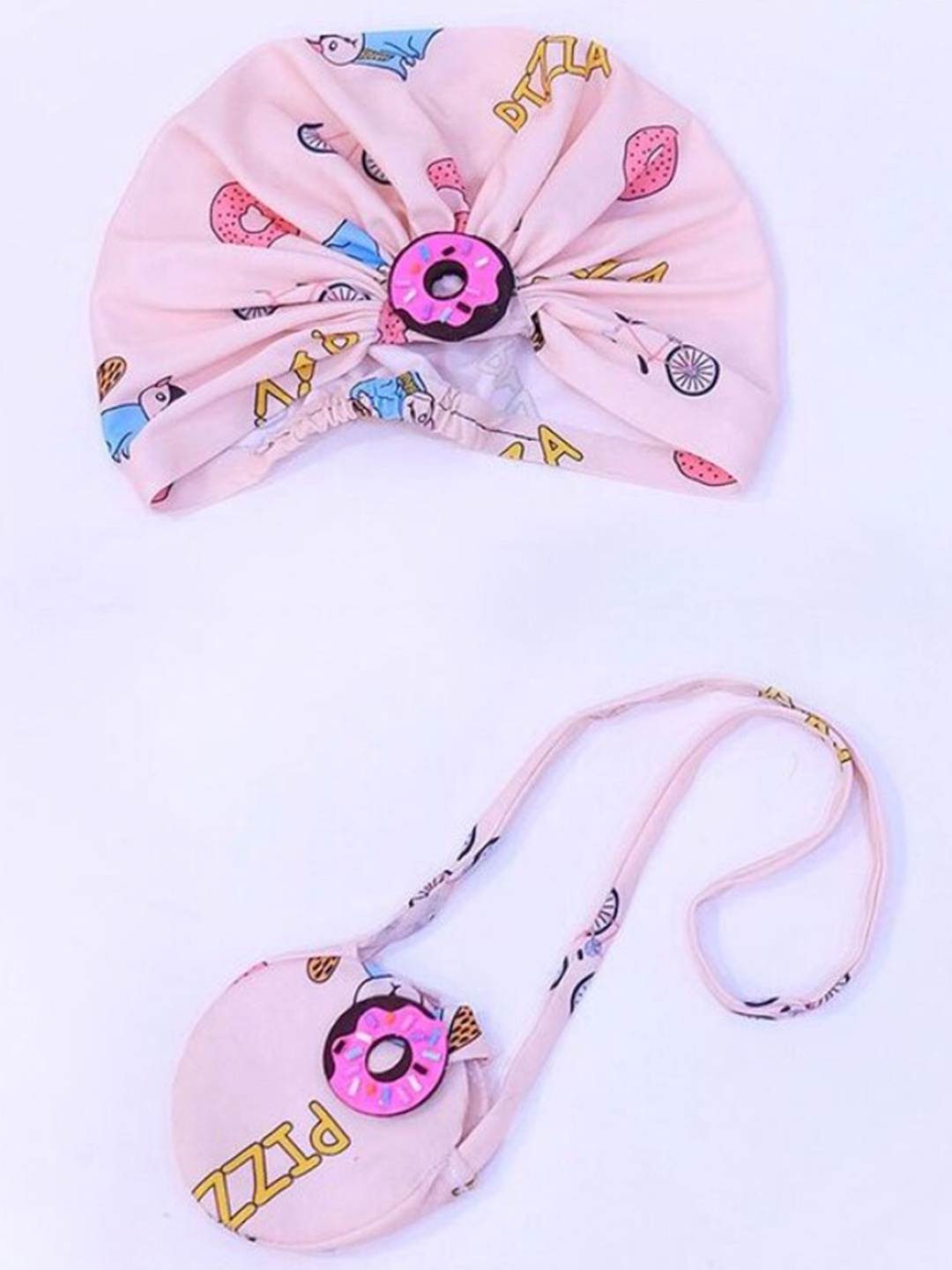 

TIPY TIPY TAP Infant Girls Printed Cotton Donut Turban Cap With Bag Set, Pink