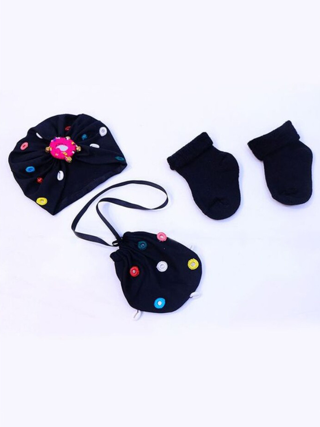 

TIPY TIPY TAP Pure Cotton Mirror Turban With Potli Bag And Socks, Black