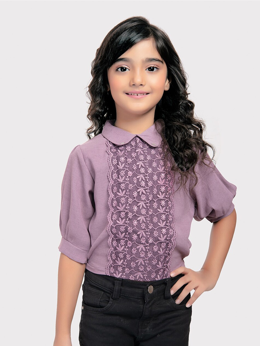 

Tiny Kingdom Floral Embroidered Peter Pan Collar Top, Lavender