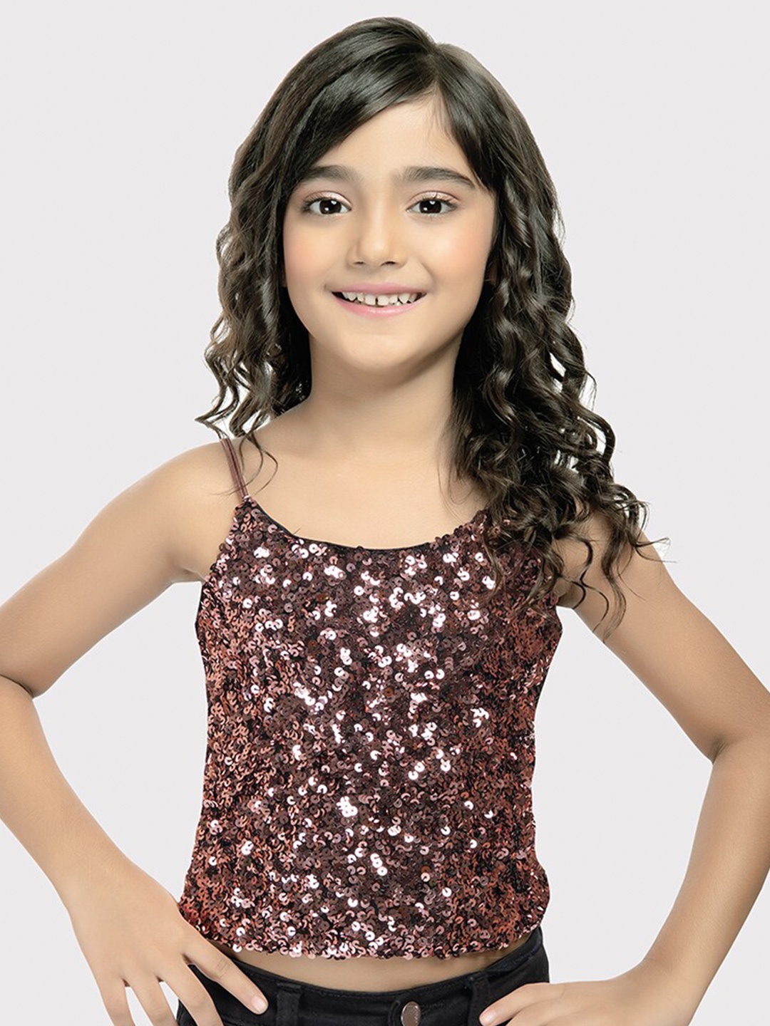 

Tiny Kingdom Girls Self Design Shoulder Straps Top, Rust