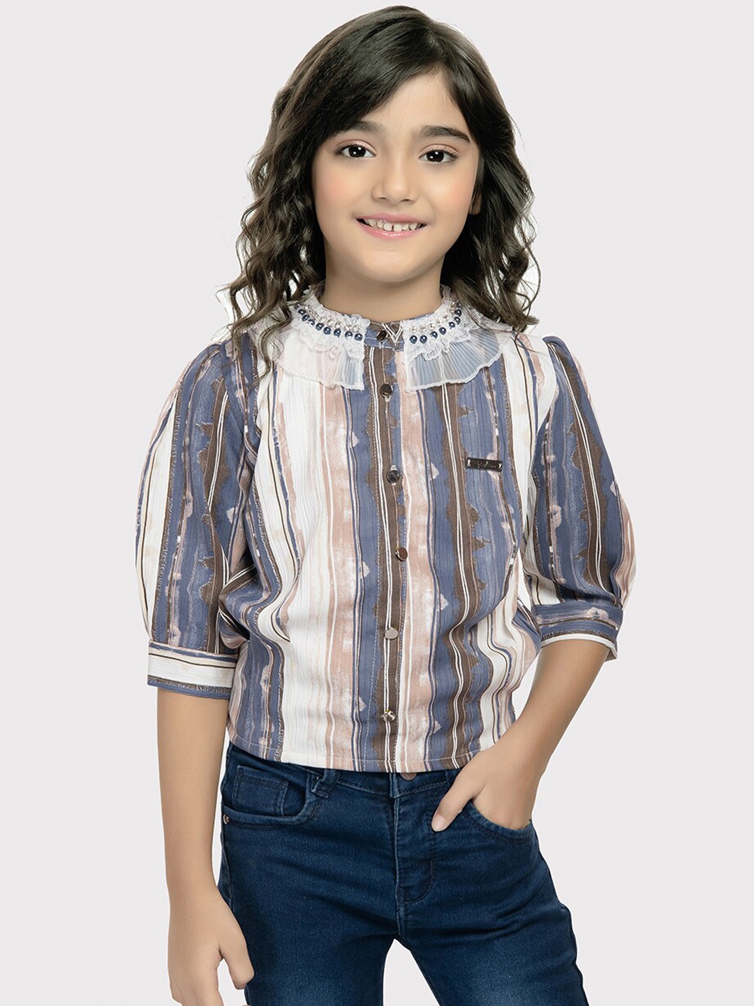 

Tiny Kingdom Girls Striped Mandarin Collar Shirt Style Top, Blue