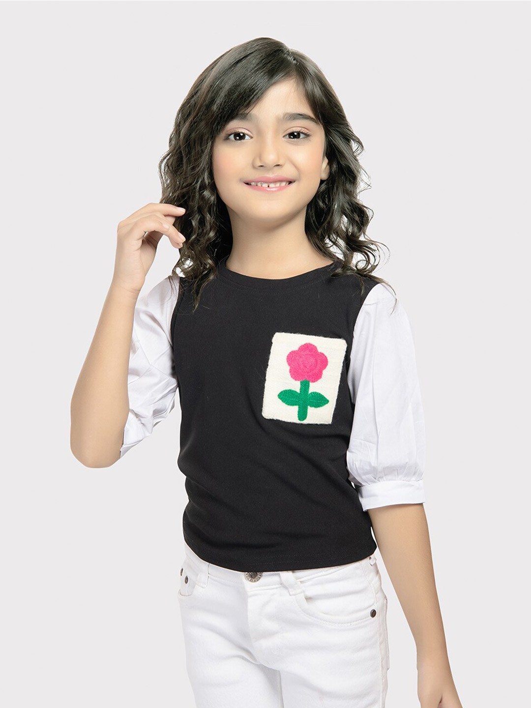 

Tiny Kingdom Girls Floral Self Design Puff Sleeve Top, Black
