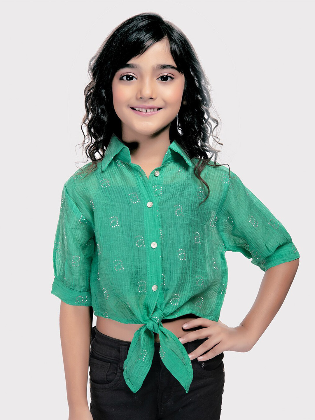 

Tiny Kingdom Girls Self Design Shirt Style Crop Top with Inner, Green