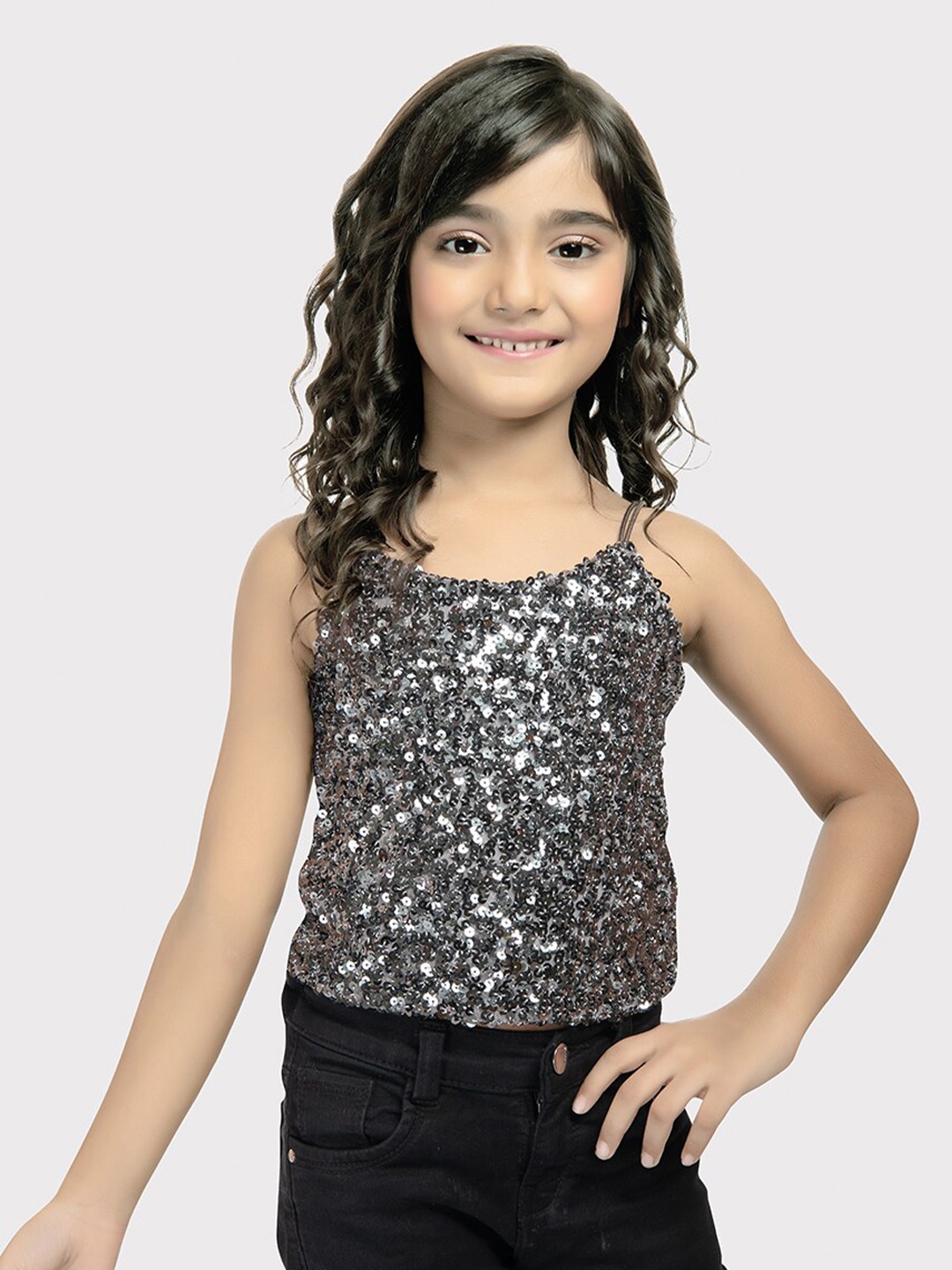 

Tiny Kingdom Girls Self Design Shoulder Straps Top, Silver