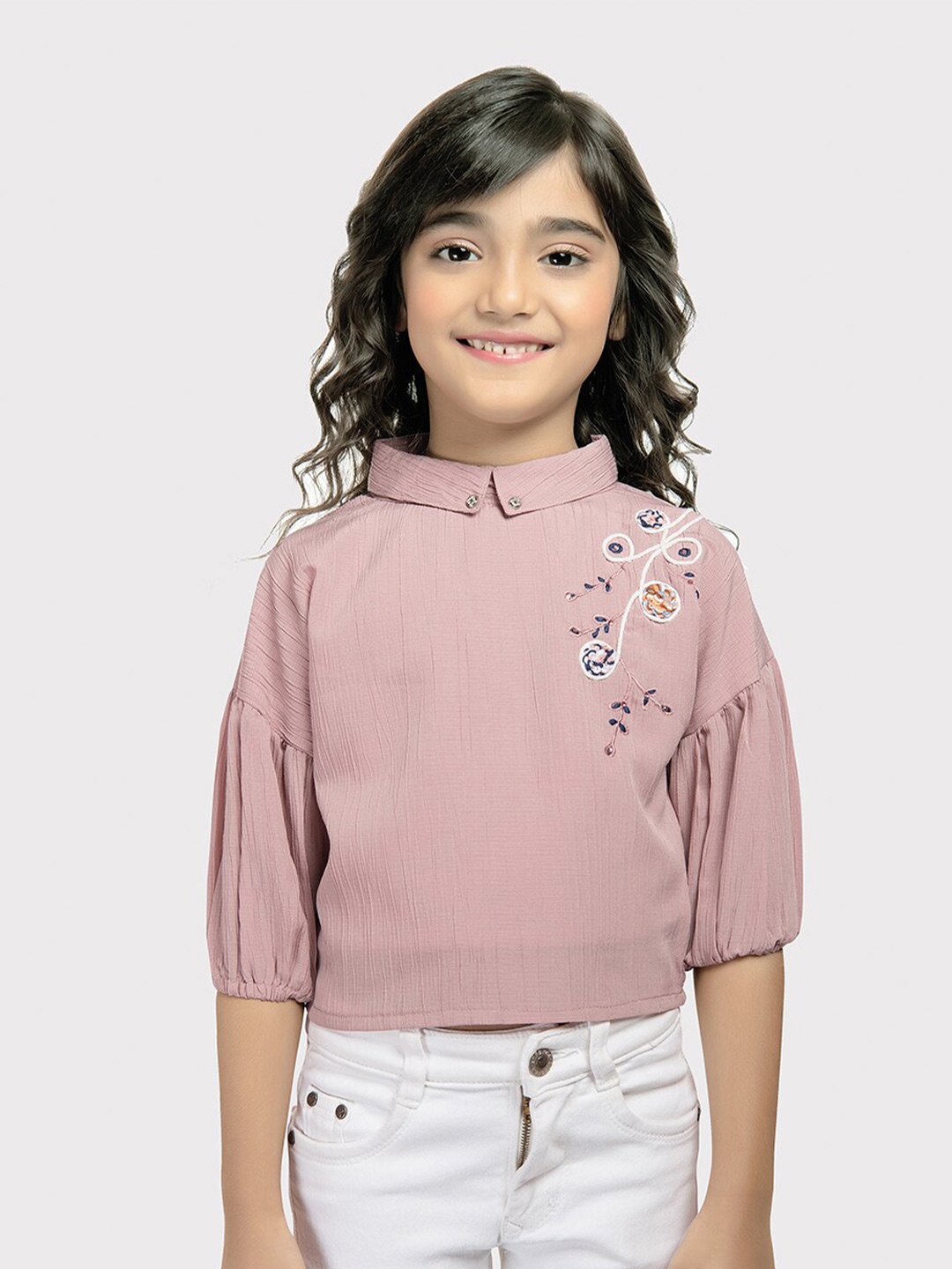 

Tiny Kingdom Girls Self Design Puff Sleeve Top, Rose