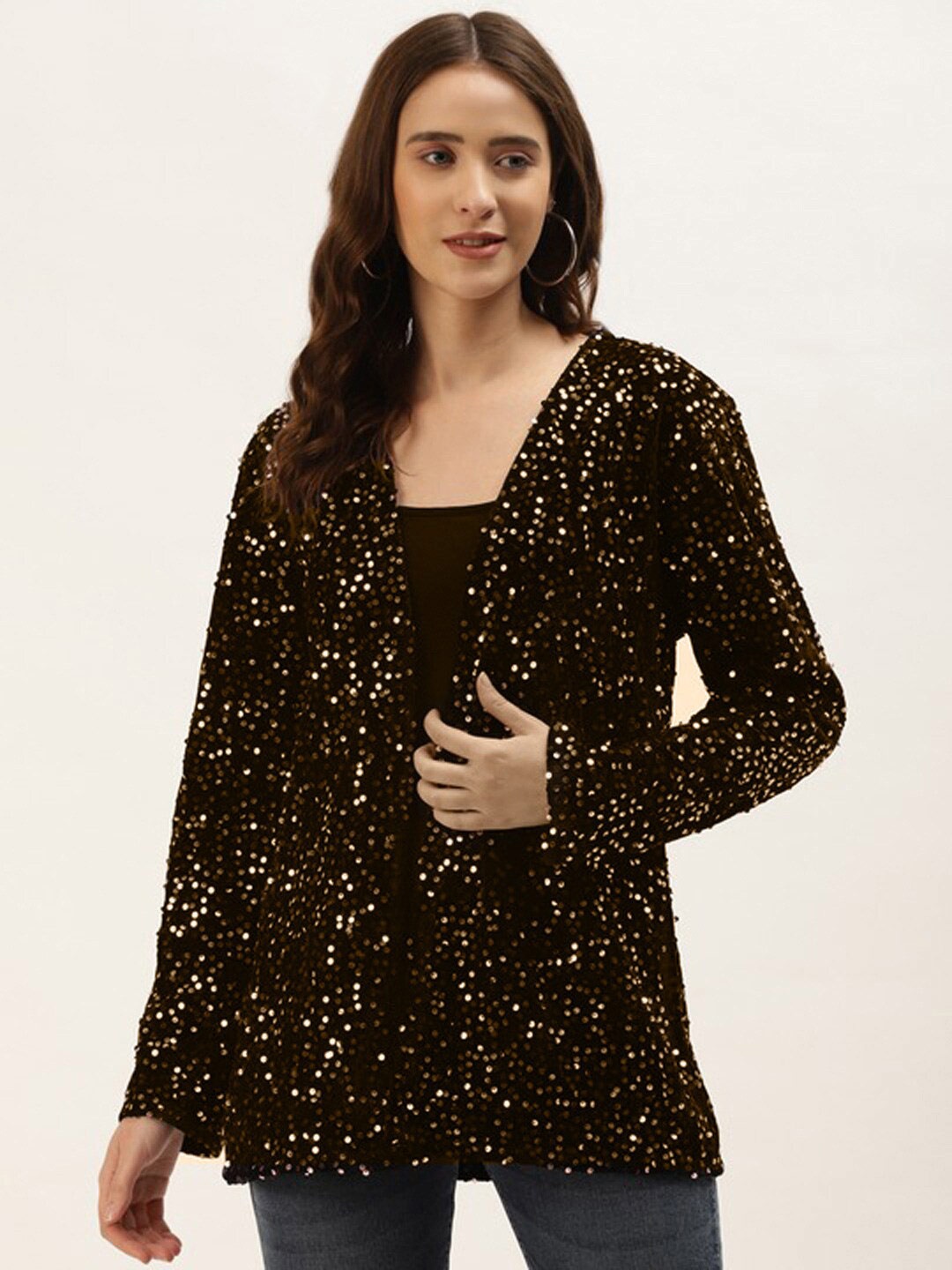 

urSense Sequin Embellished Open Front Shrug, Copper