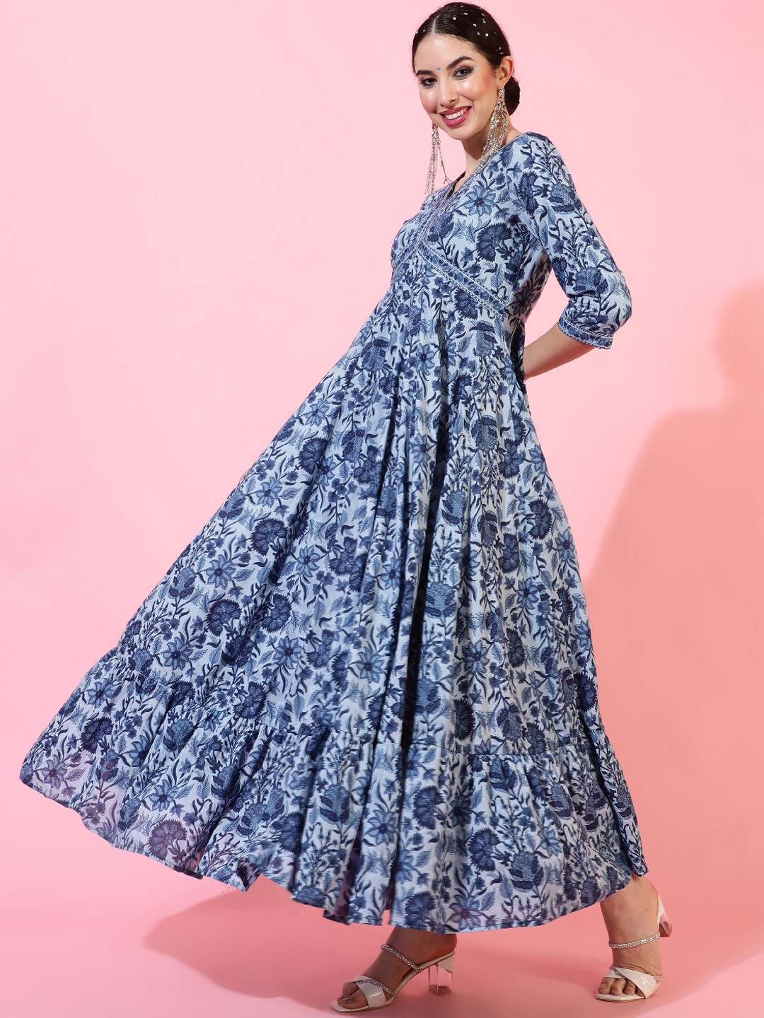 

INDIE CLOSET Floral Printed Cotton Empire Ethnic Dresses, Blue