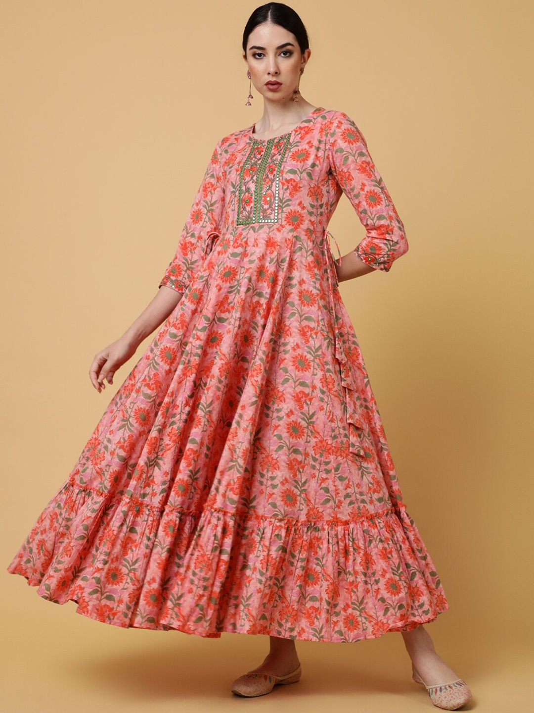 

INDIE CLOSET Floral Printed Tie-Ups Detail Fit and Flare Ethnic Dresses, Peach