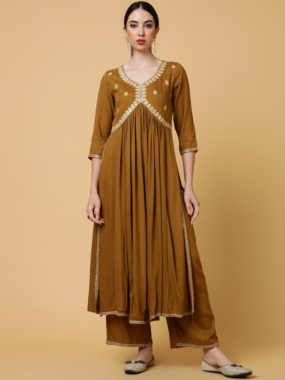 

INDIE CLOSET Floral Embroidered Sequined Empire Kurta with Palazzos, Brown