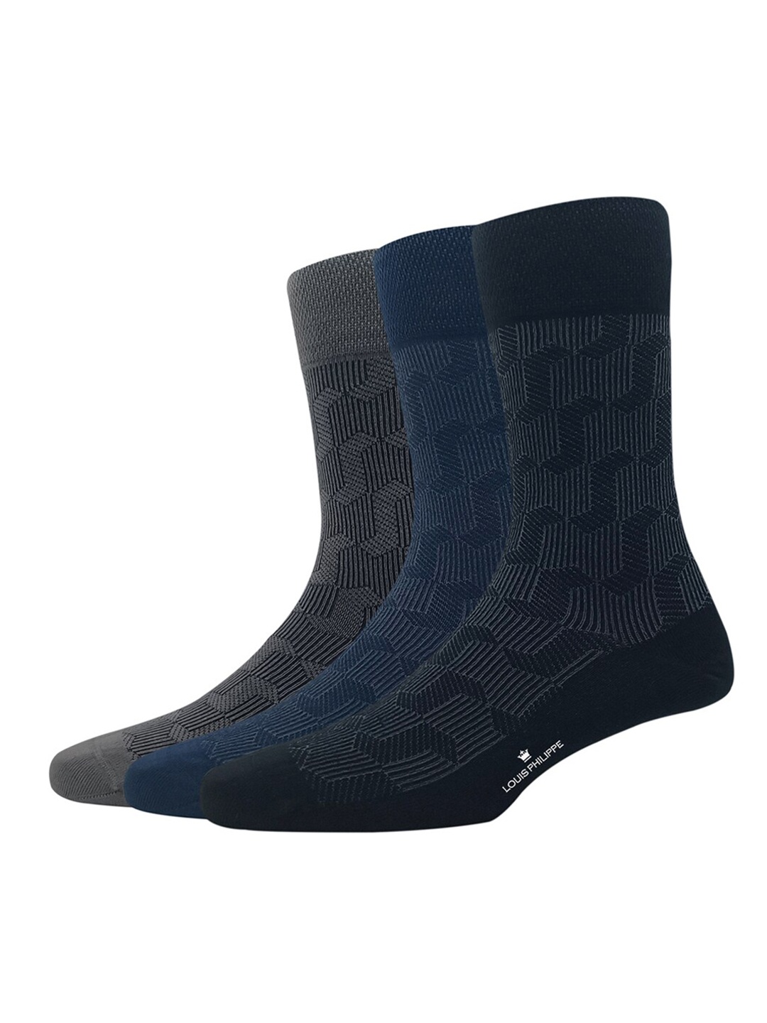 

Louis Philippe Pack Of 3 Patterned Cotton Calf-length Socks, Black