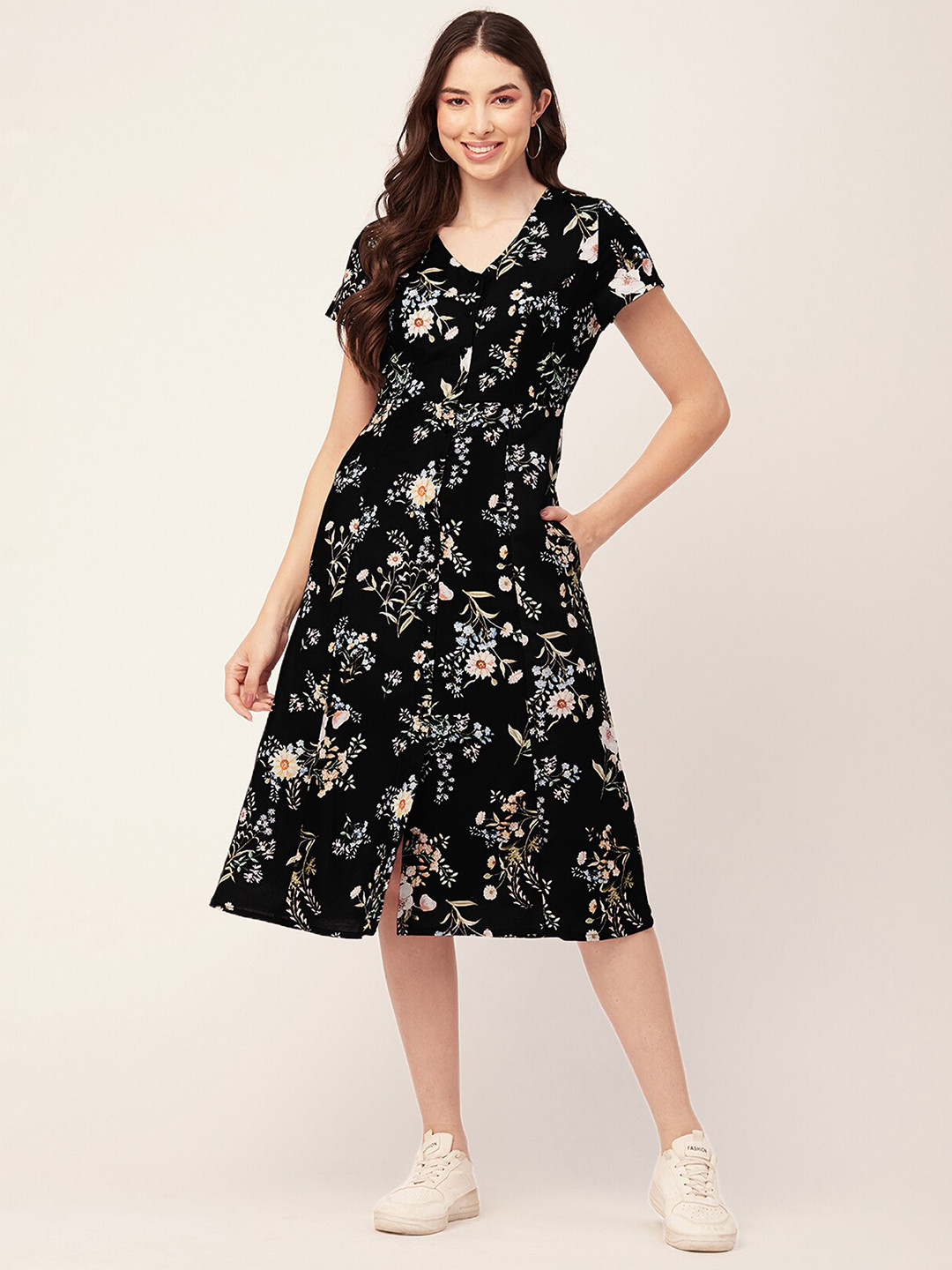 

Moomaya Floral Printed V-Neck A-Line Midi Dress, Black