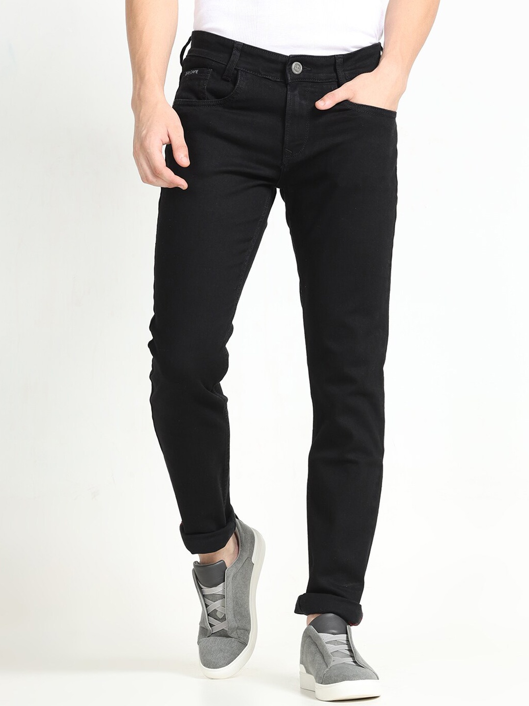 

Jean Cafe Men Jean Slim Fit Mid-Rise Slash Knee Cotton Jeans, Black